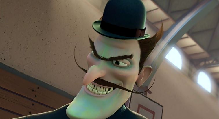 He's got the evil villainy mustache. He's got the bowler hat. He's a guy. He must be our villain, the evil "Bowler Hat Guy"!
