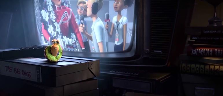 This opens the door to so many questions: 1) How does he change tapes when he's finished with one? 2) How does he get the volume and other controls to work properly? 3) Doesn't the owner of the house hear that the TV is on in the middle of the night and find it peculiar? 4) Does the owner know that Theo is watching racing tapes and allows it? Etc.